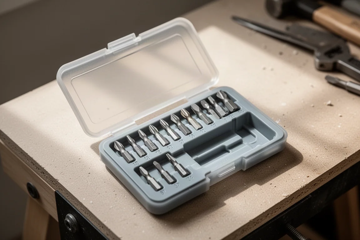 Small screwdriver bits organized in the molded slots of an open plastic case