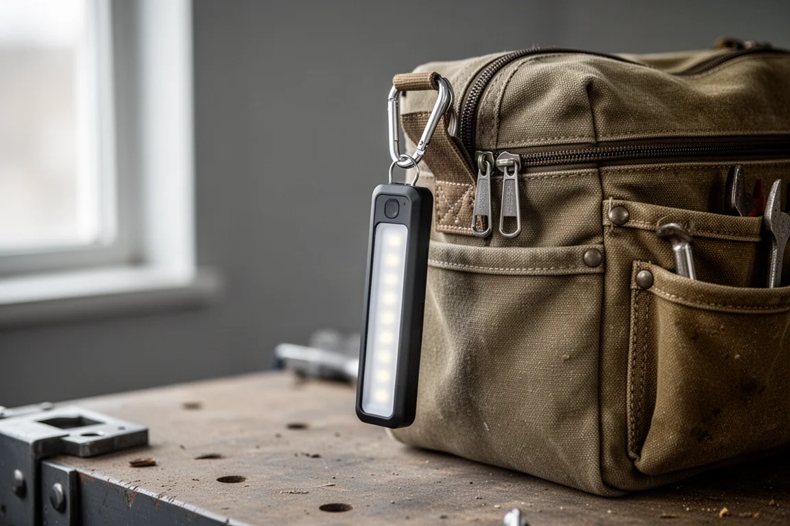 Slim LED work light clipped to a carabiner on a technician's tool bag