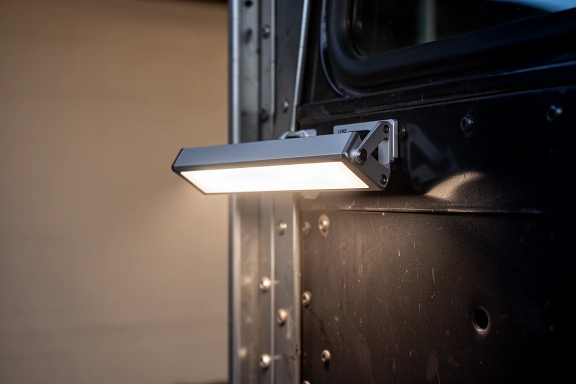 Low-profile work light magnetically mounted on a metal vehicle panel