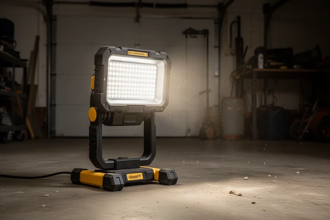 Large rechargeable work light standing on a garage floor casting wide light