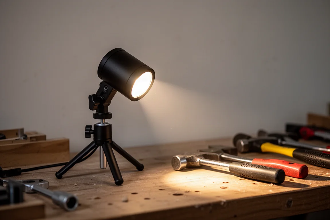 Compact pivoting work light on a tripod mount lighting a workbench