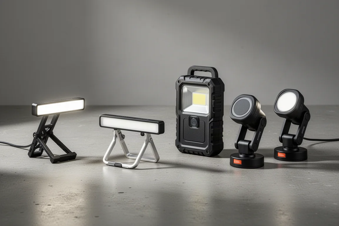 Five slim rechargeable work lights lined up on a concrete workshop surface