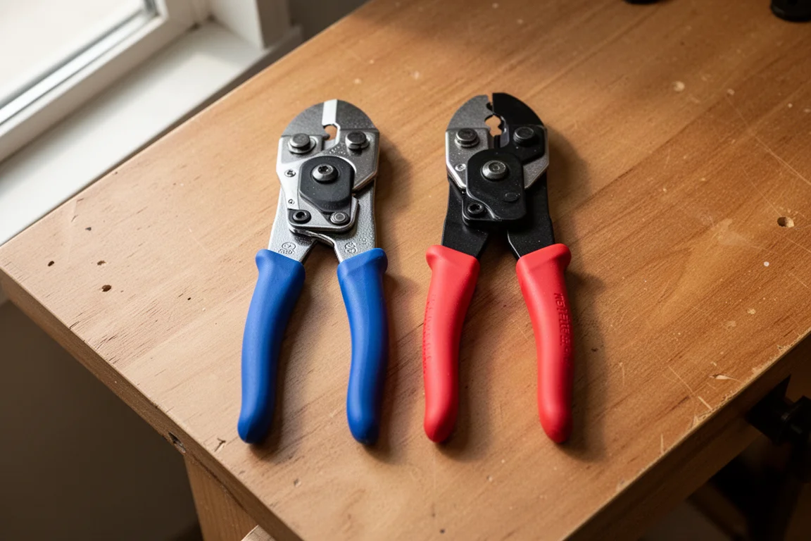 Two wire stripper tools with blue and red handles side by side on a workbench