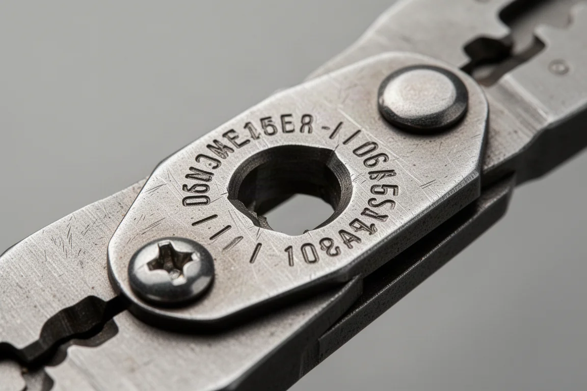 Close-up of the cutting hole cover plate on a wire stripper