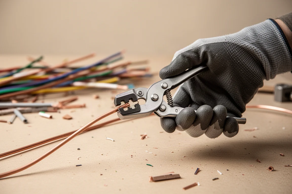 Electrician stripping a wire one-handed with a self-stripping tool