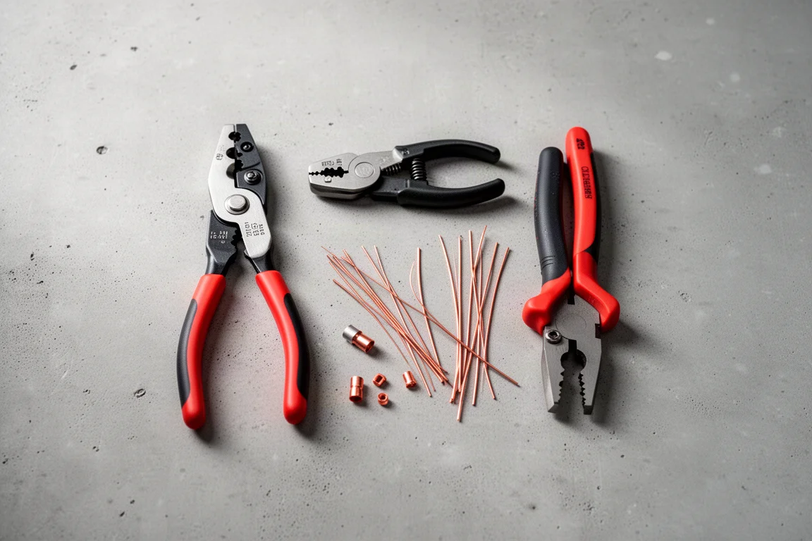 Wire strippers and electrical tools arranged on a garage workbench