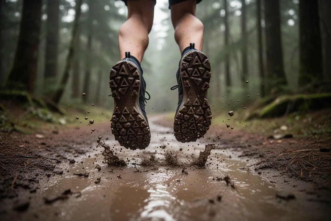 Trail runner's feet crossing a muddy forest trail in wet conditions