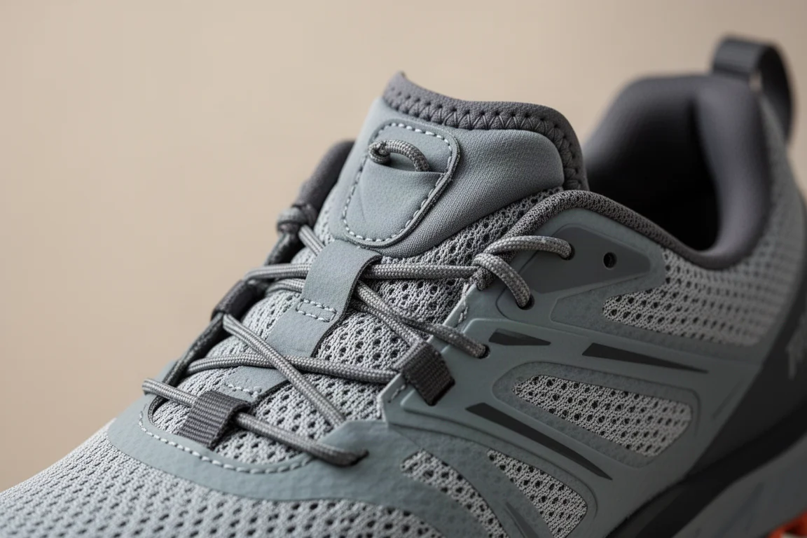 Close-up of a two-section quick-pull lacing system on a trail shoe tongue