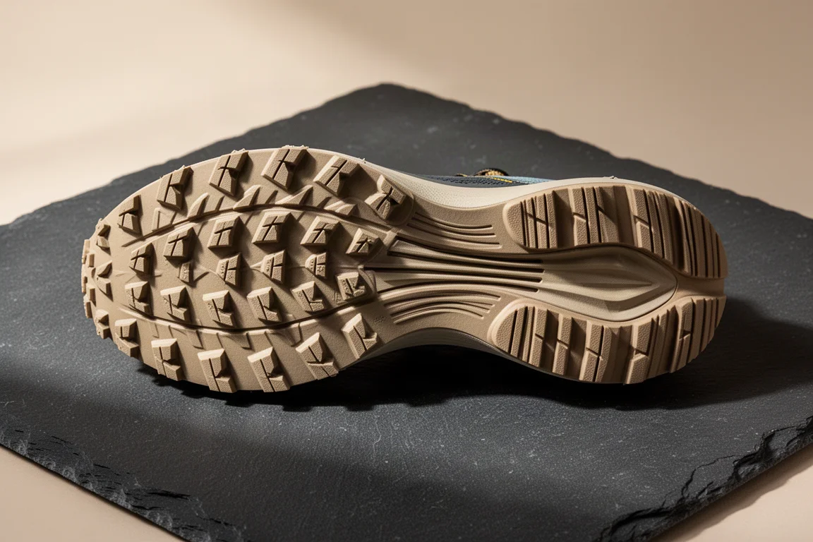 Close-up of a trail shoe outsole showing triangular forefoot lugs and heel lugs