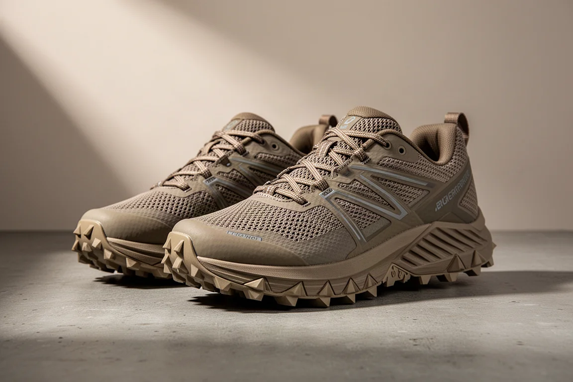 Pair of Kless Fuga EX3 trail running shoes with lugged outsole on concrete surface