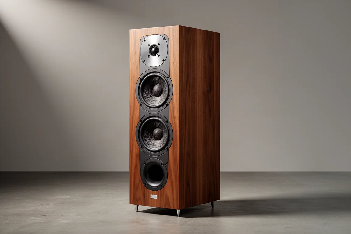 Slim floorstanding tower speaker with wood veneer finish and metal dome tweeter faceplate
