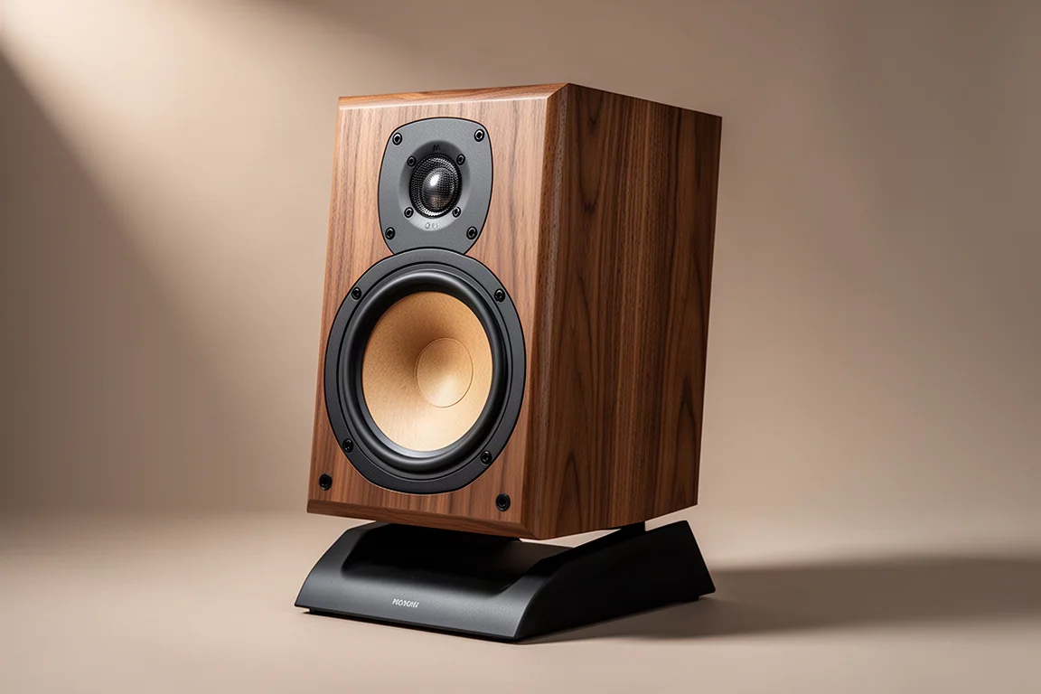 Walnut stand-mount hi-fi speaker on a slanted black stand with drivers visible