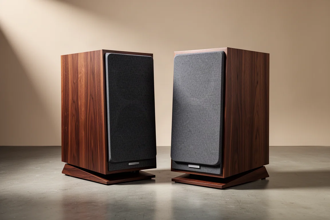 Pair of compact floor-standing hi-fi speakers in walnut veneer with knit grilles