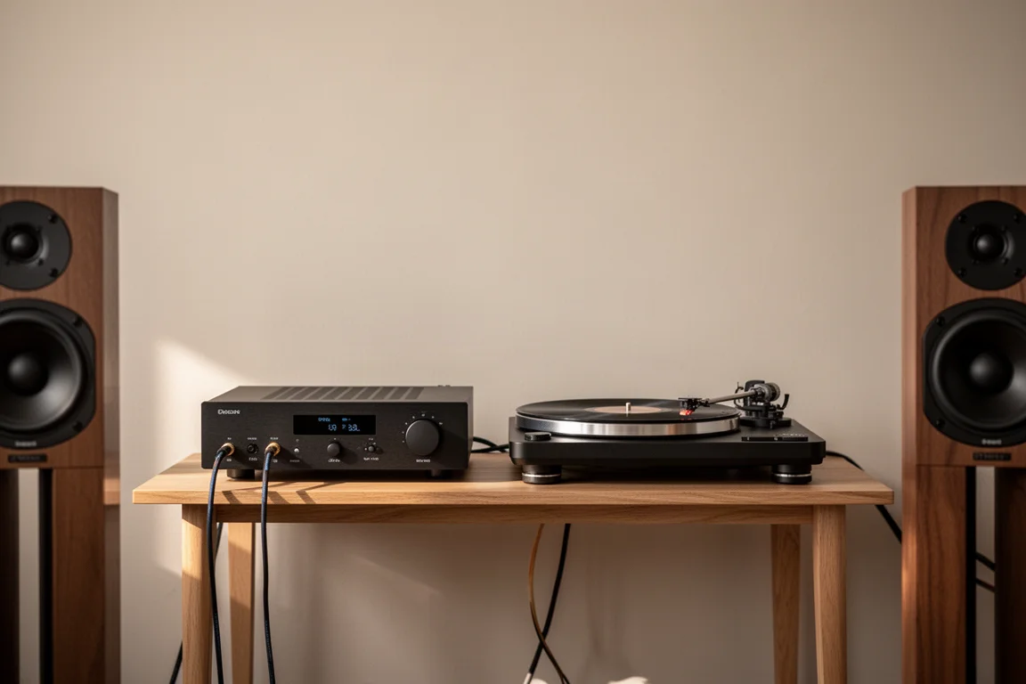 Wzmacniacz stereo i gramofon na niskiej drewnianej półce, obok głośnik