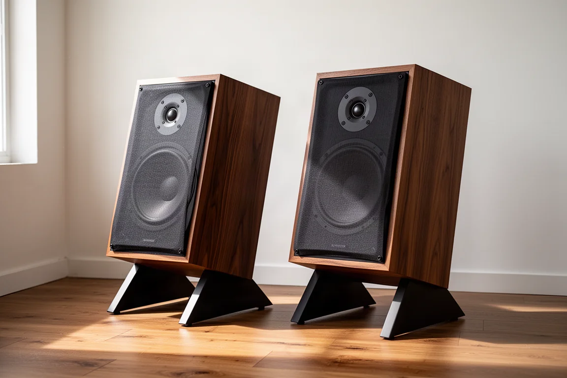 Retro three-way stand-mount loudspeaker on an angled wooden stand in a neutral studio
