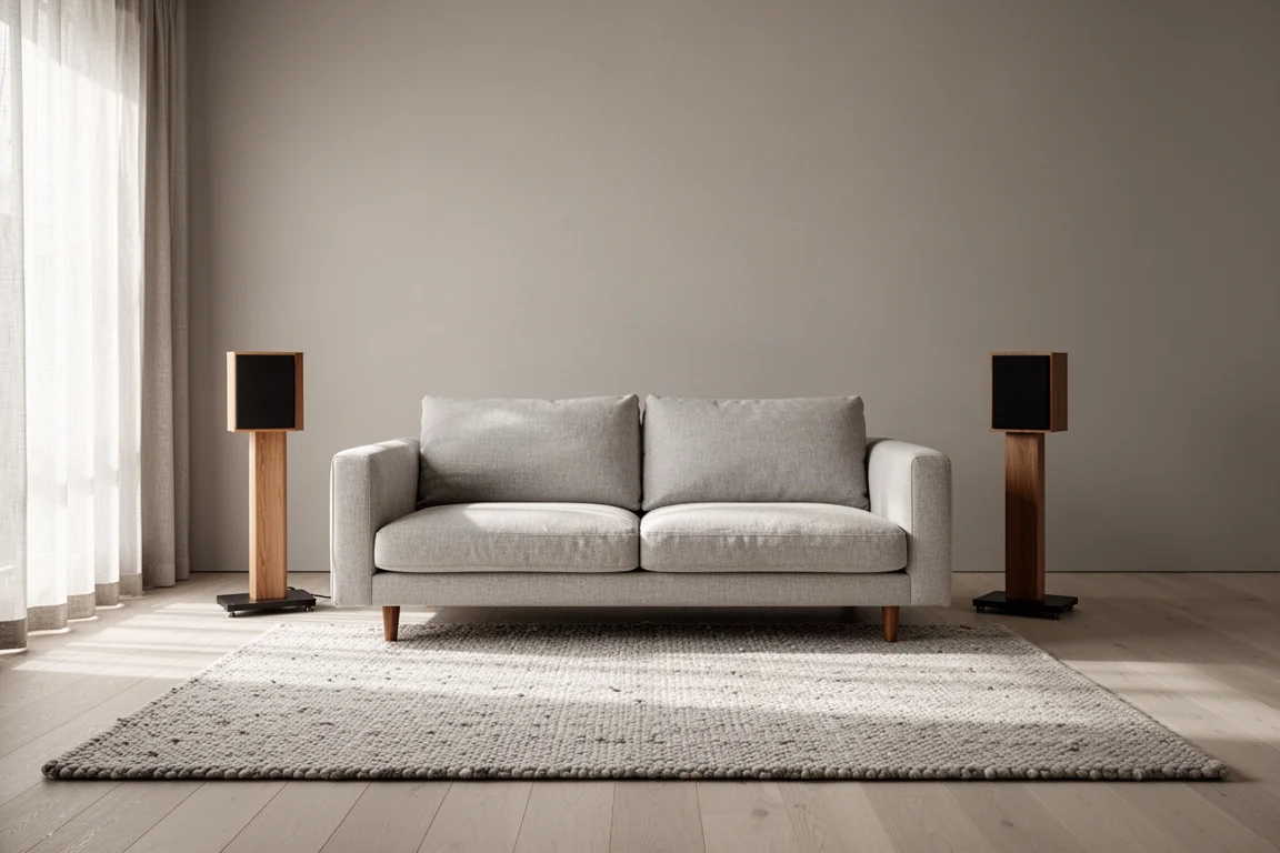 Zacht verlichte luisterruimte met een bank gericht op twee speakerstands op een houten vloer