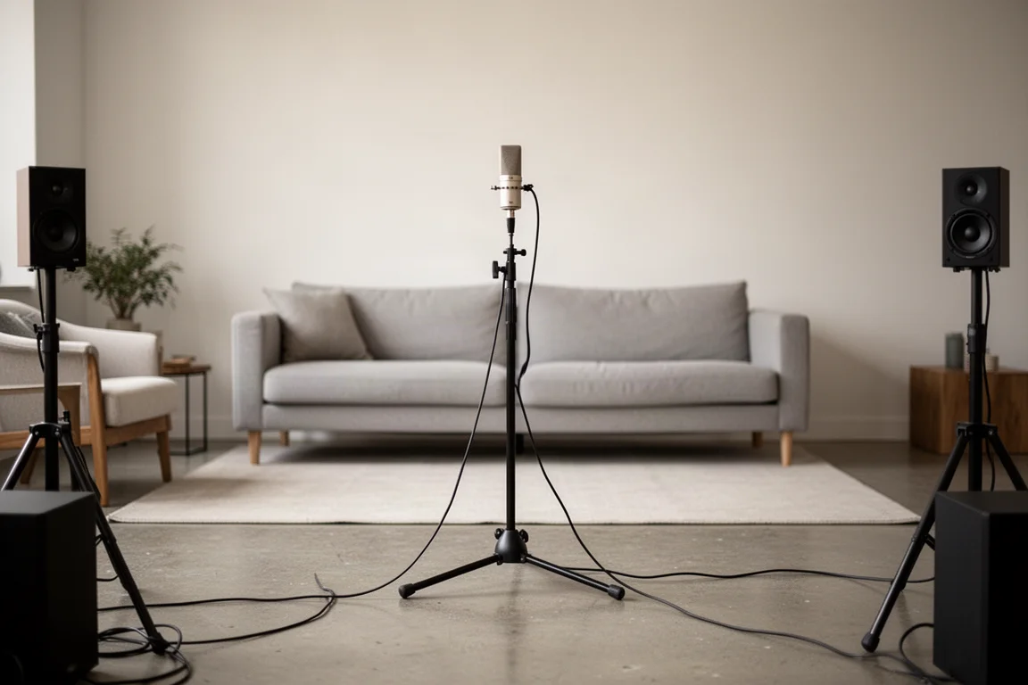 Meetmicrofoon op een statief in een woonkamer, gericht op speakers