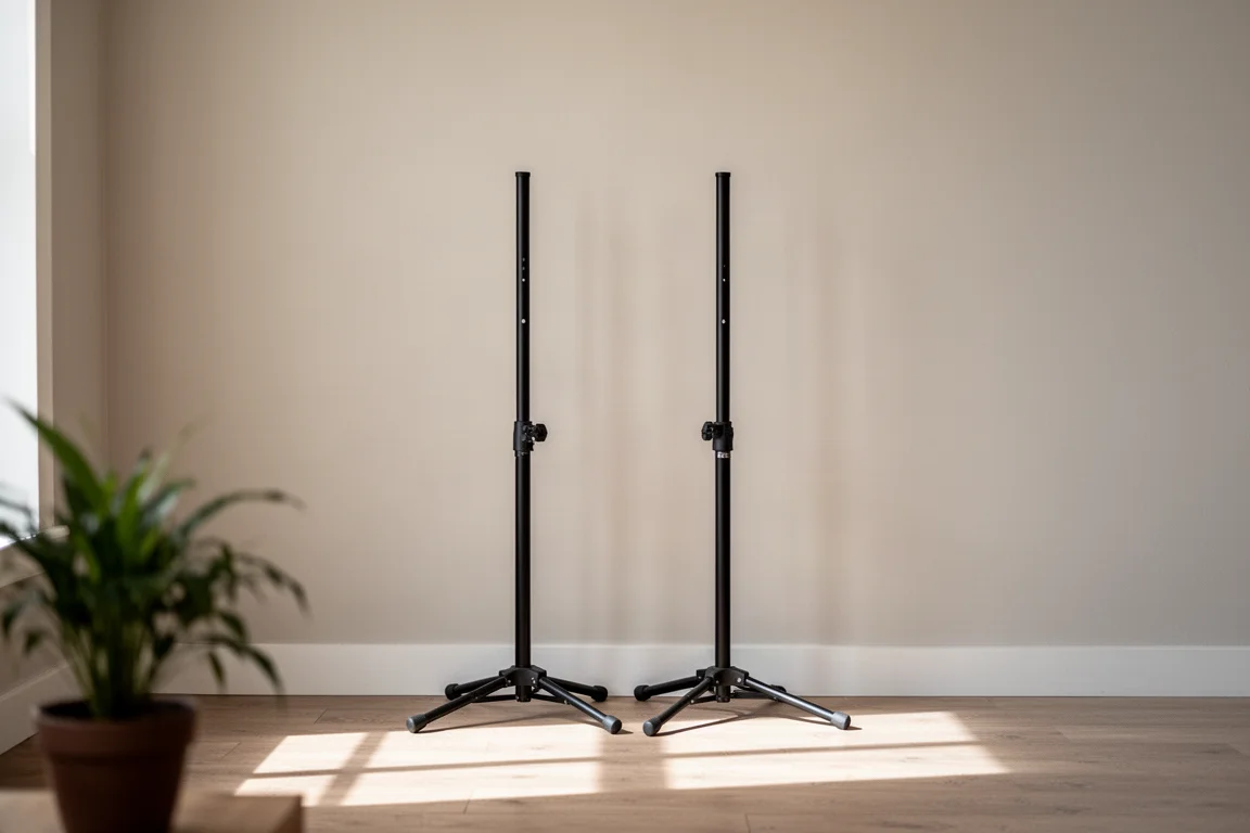 Speakerstands dicht bij een muur in een lichte lege kamer