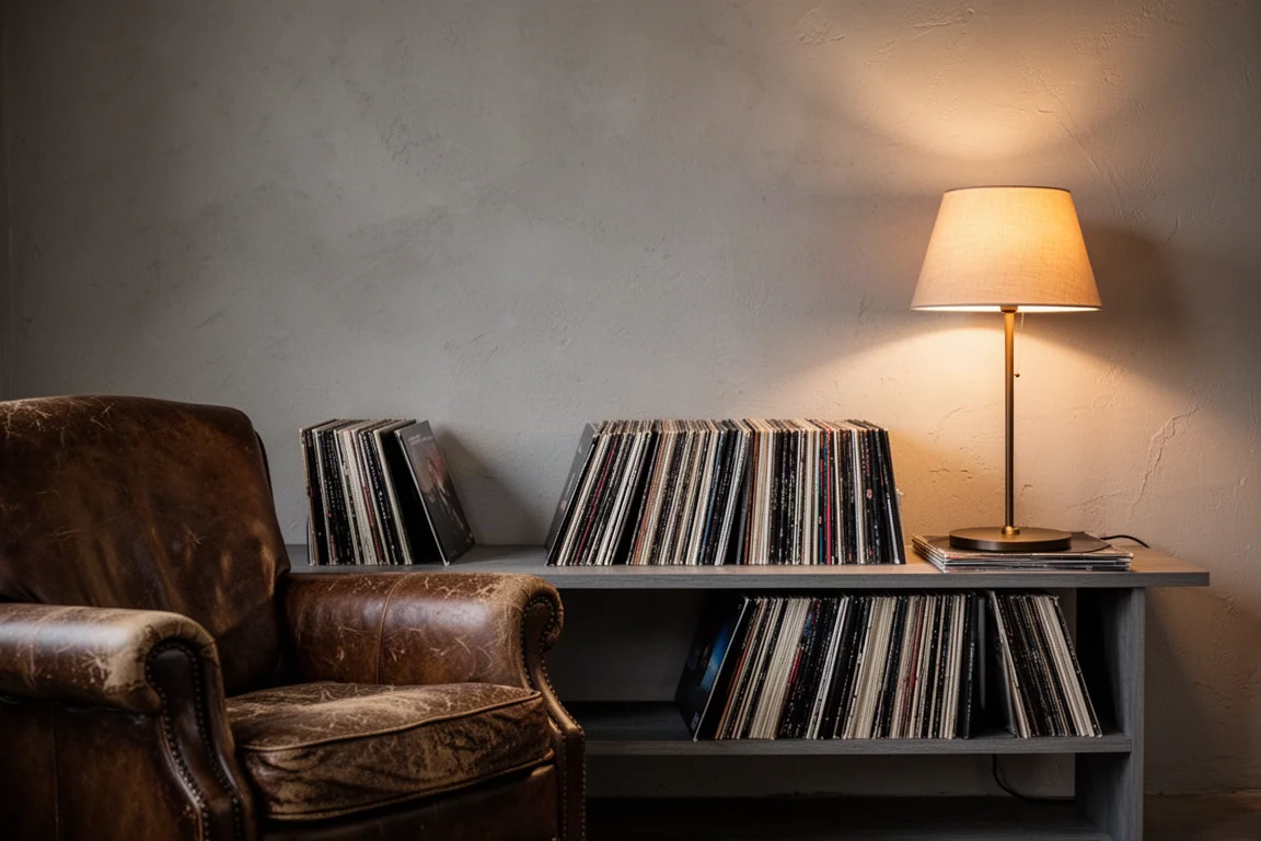 Luisterhoek in de avond met fauteuil, vinylplaten en warm lamplicht