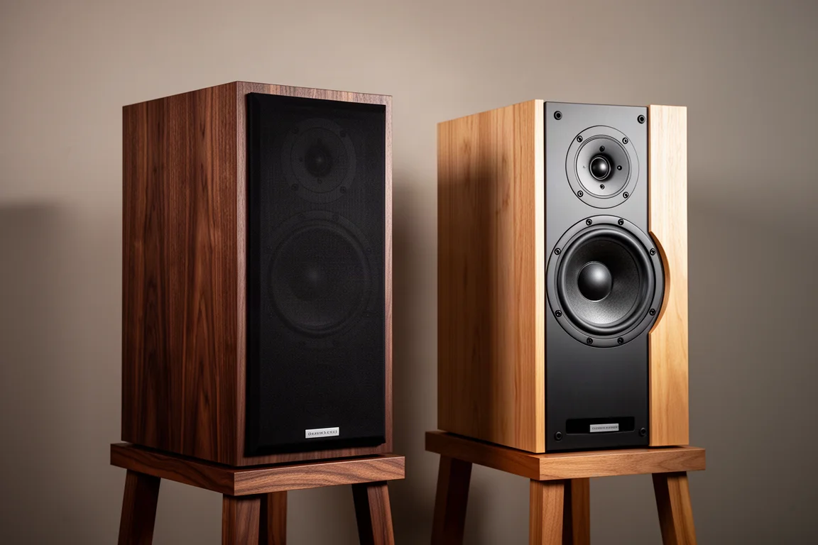 Two large standmount hi-fi speakers on wooden stands against a warm grey wall