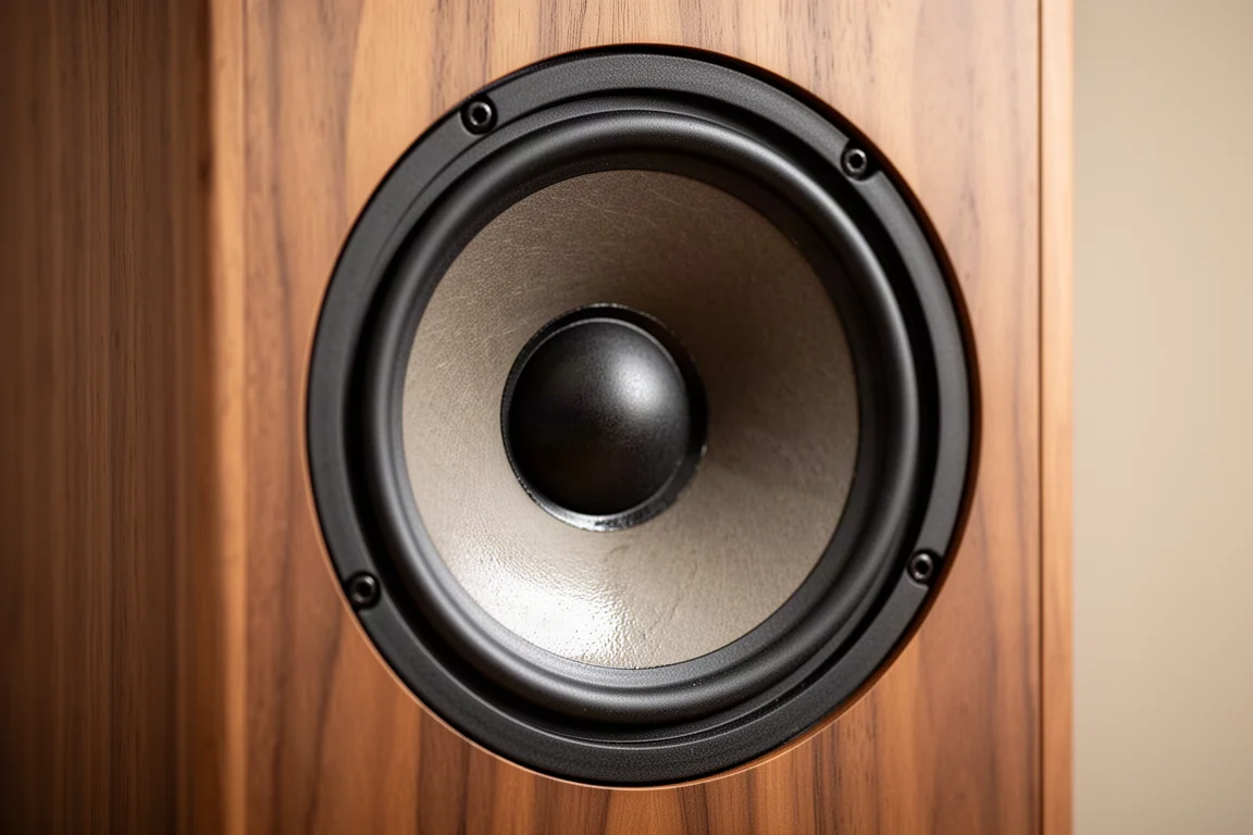 大型纸盆低音单元特写,光线斜射在其表面