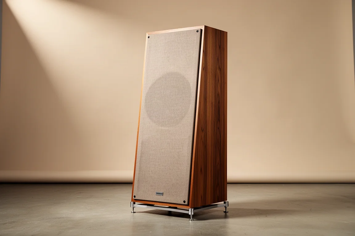 Wide-baffle floorstanding loudspeaker in walnut veneer on a riser base against a neutral grey wall