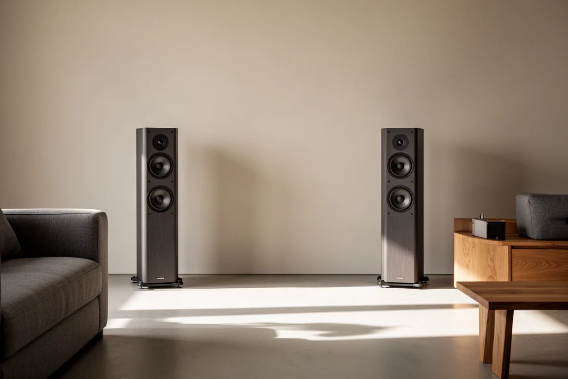 Torres floorstanding altas em uma sala de estar com iluminação suave para audição