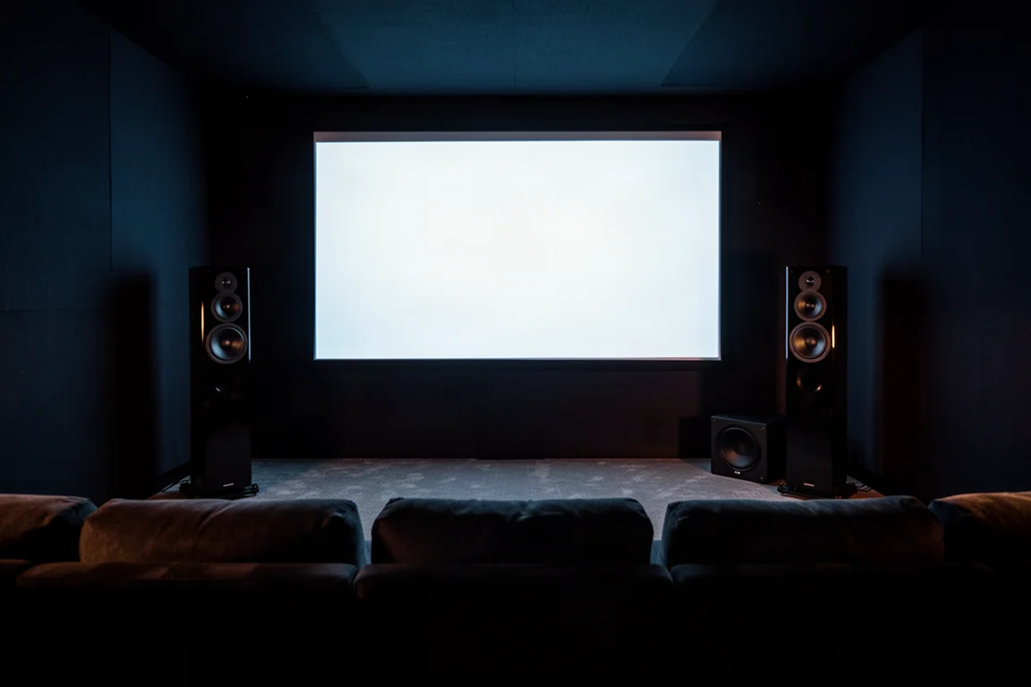 Sala de home theater escura com torres ladeando uma tela brilhante