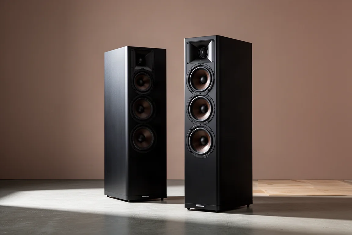 Pair of tall matte black floorstanding tower speakers in a minimal listening room