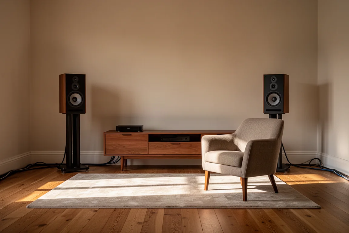 Sala d'ascolto con due diffusori su stand ai lati di una bassa consolle in legno