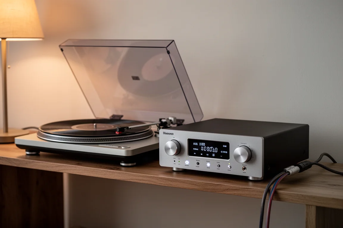 Giradischi che riproduce un disco in vinile accanto a un compatto amplificatore integrato