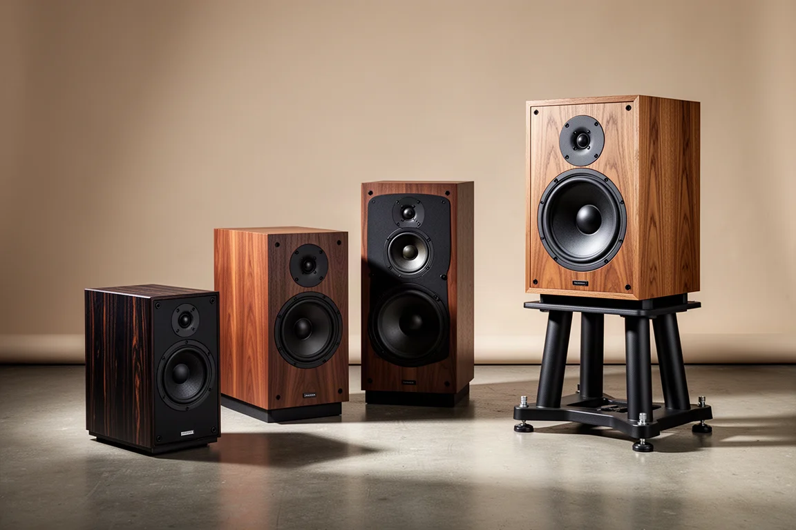 Group of home stereo speakers arranged on a concrete floor in a studio