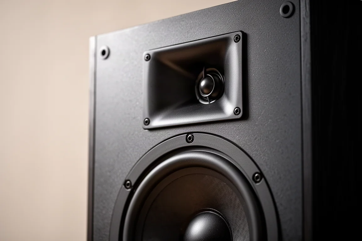 Close-up do tweeter e dos drivers de médio com corneta acima de um grande woofer no painel frontal de uma caixa acústica