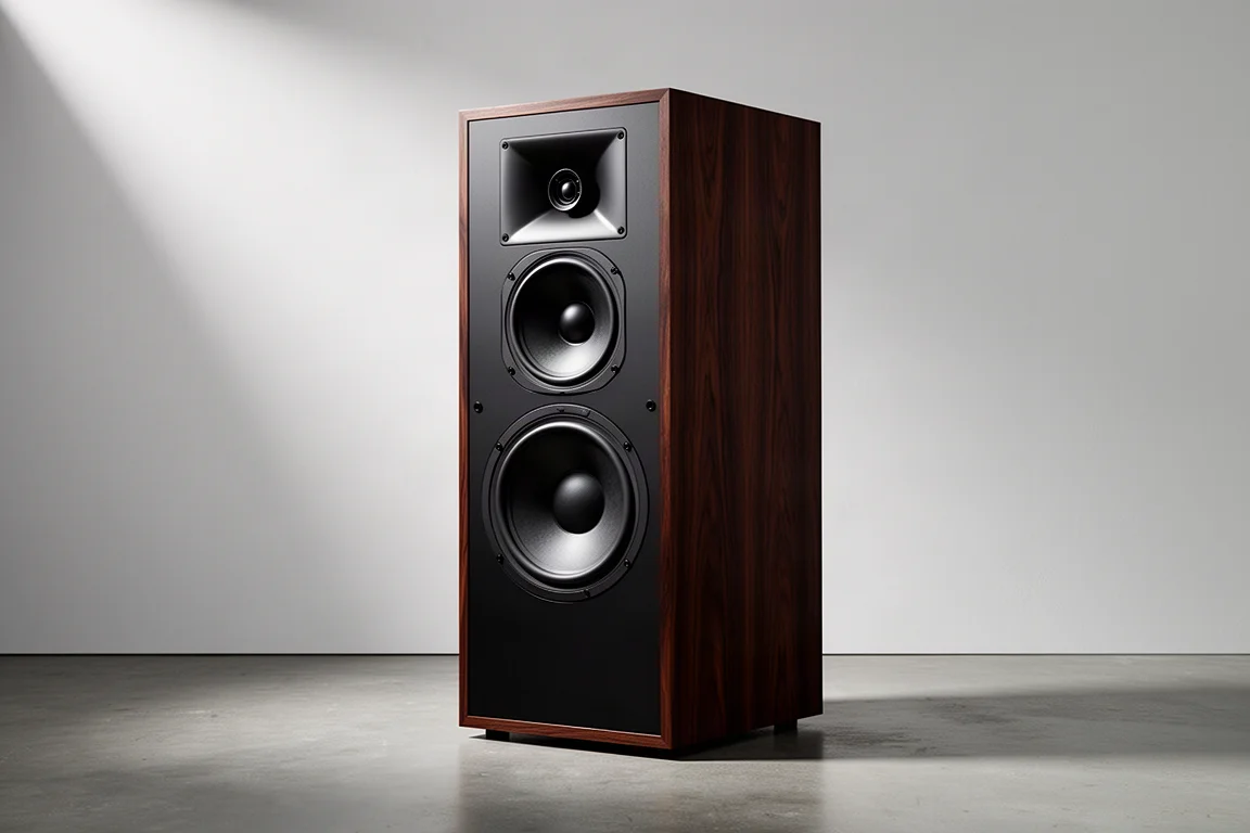 Large walnut-veneer floorstanding speaker with horn drivers and a large woofer against a grey wall