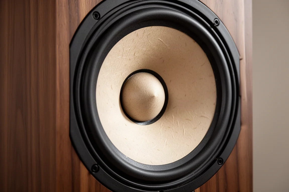 Primo piano di un grande woofer dal cono texturizzato montato su un pannello in impiallacciatura di legno