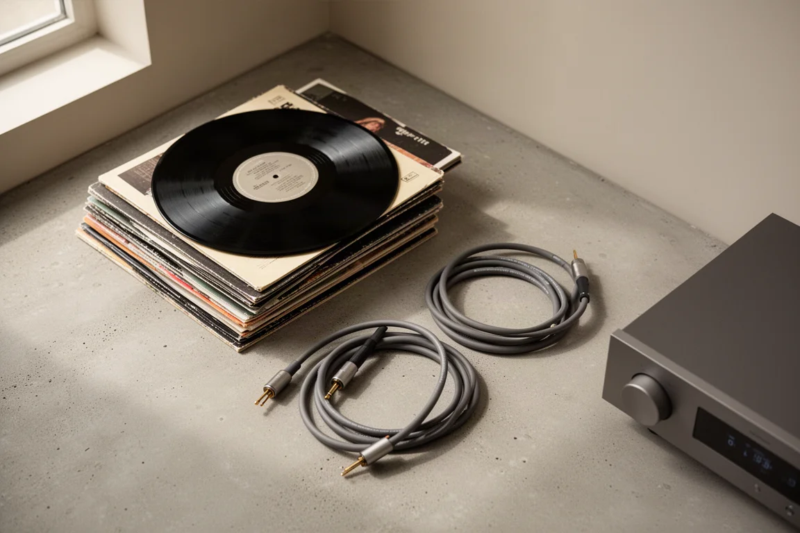 Vista dall'alto di dischi in vinile, cavi dei diffusori avvolti e un amplificatore sottile su cemento