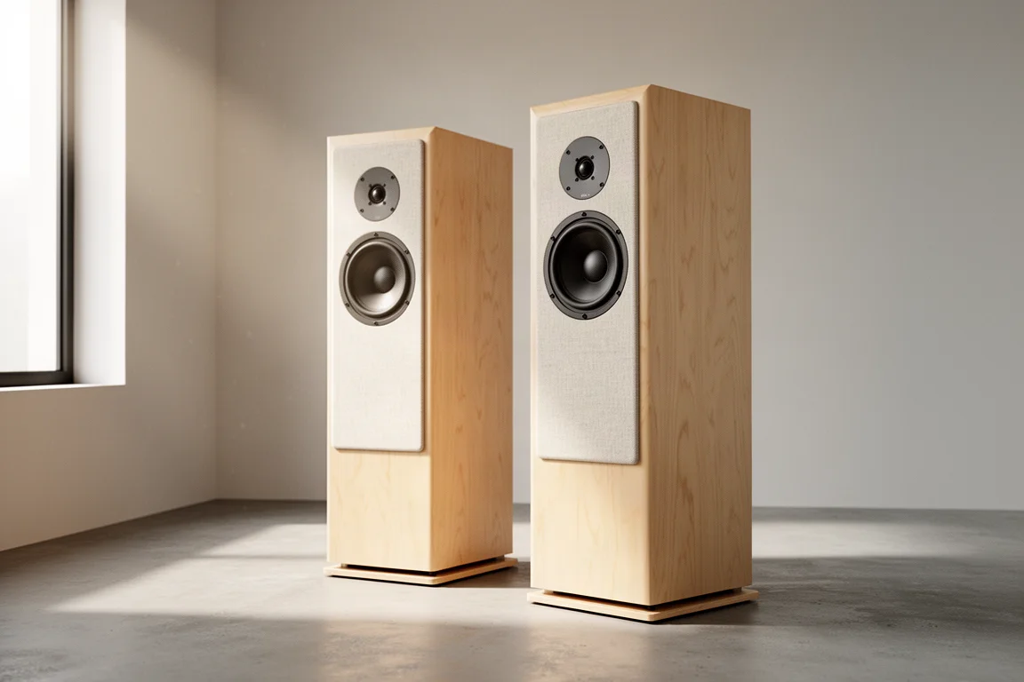 Pair of large floorstanding speakers in pale maple veneer with cream grilles in a bright listening room
