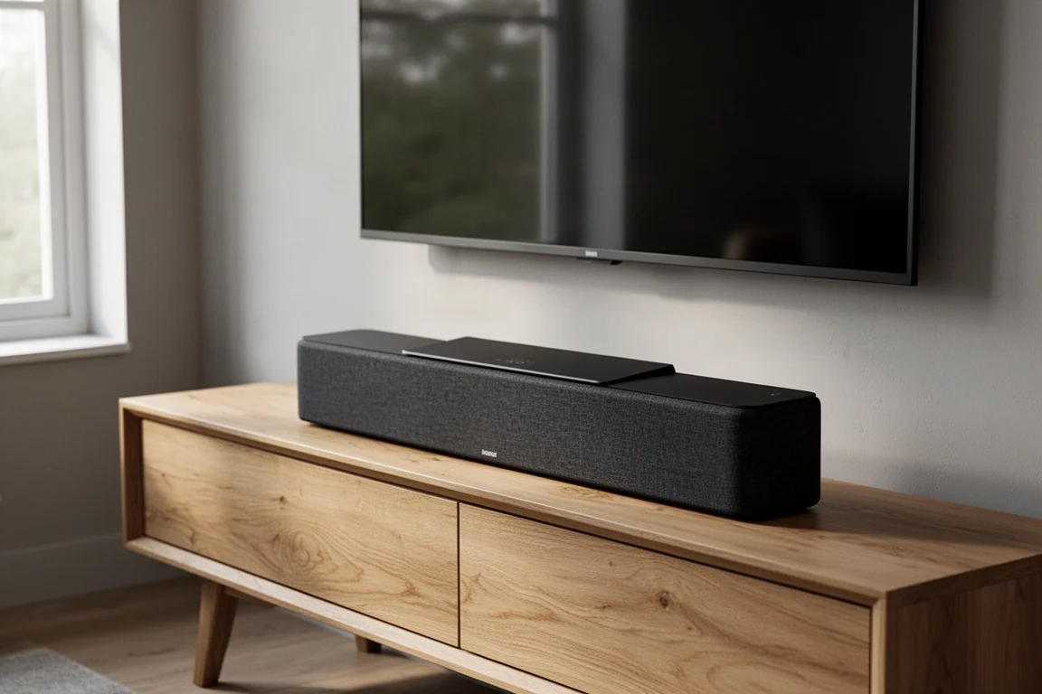 Slim black soundbar on an oak media console beneath a wall-mounted television