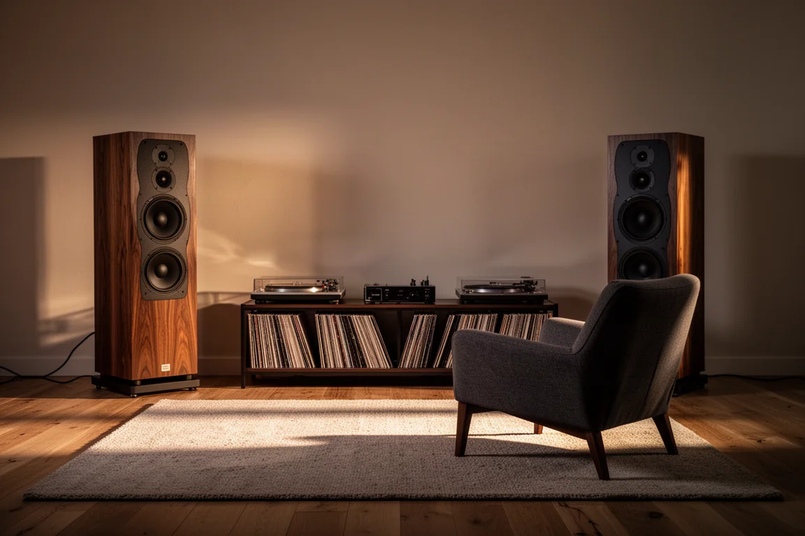Pair of wood-veneer floorstanding speakers in a dimly lit living room at dusk