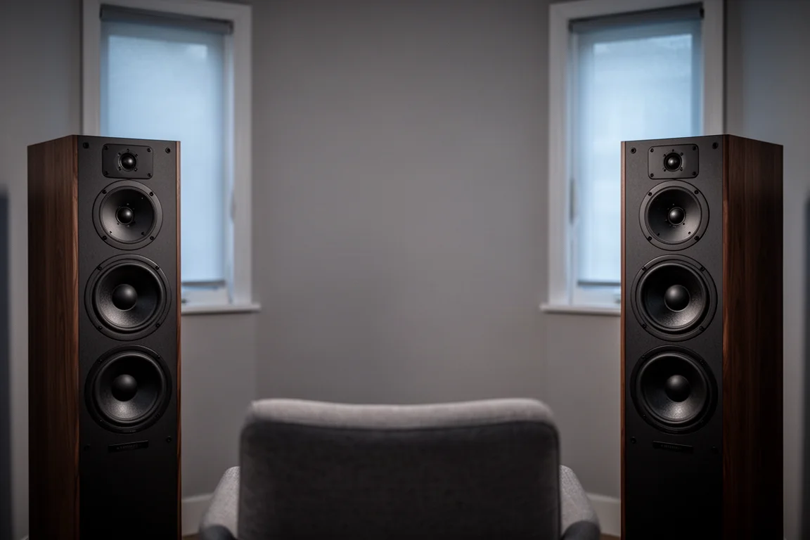 Close-up of a horn-loaded compression driver on a speaker front baffle