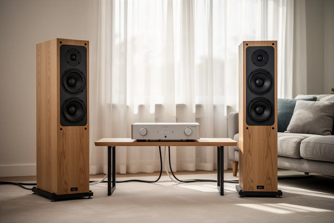 Listening armchair facing two tall speakers with records and headphones nearby