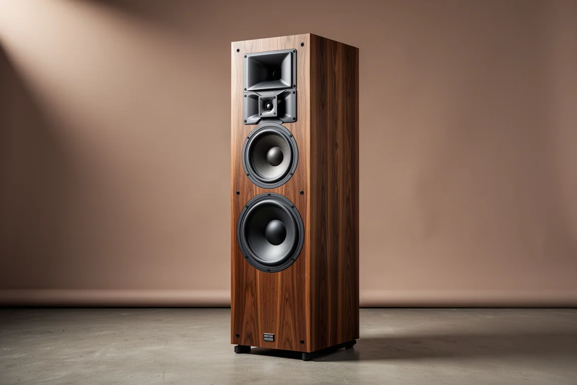 Pair of walnut-veneer heritage floorstanding speakers in a warm listening room