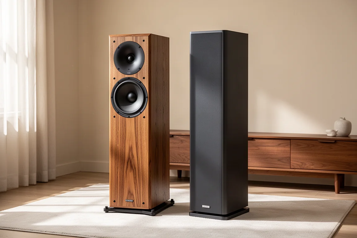 Two tall floorstanding speakers in a warm listening room with soft window light