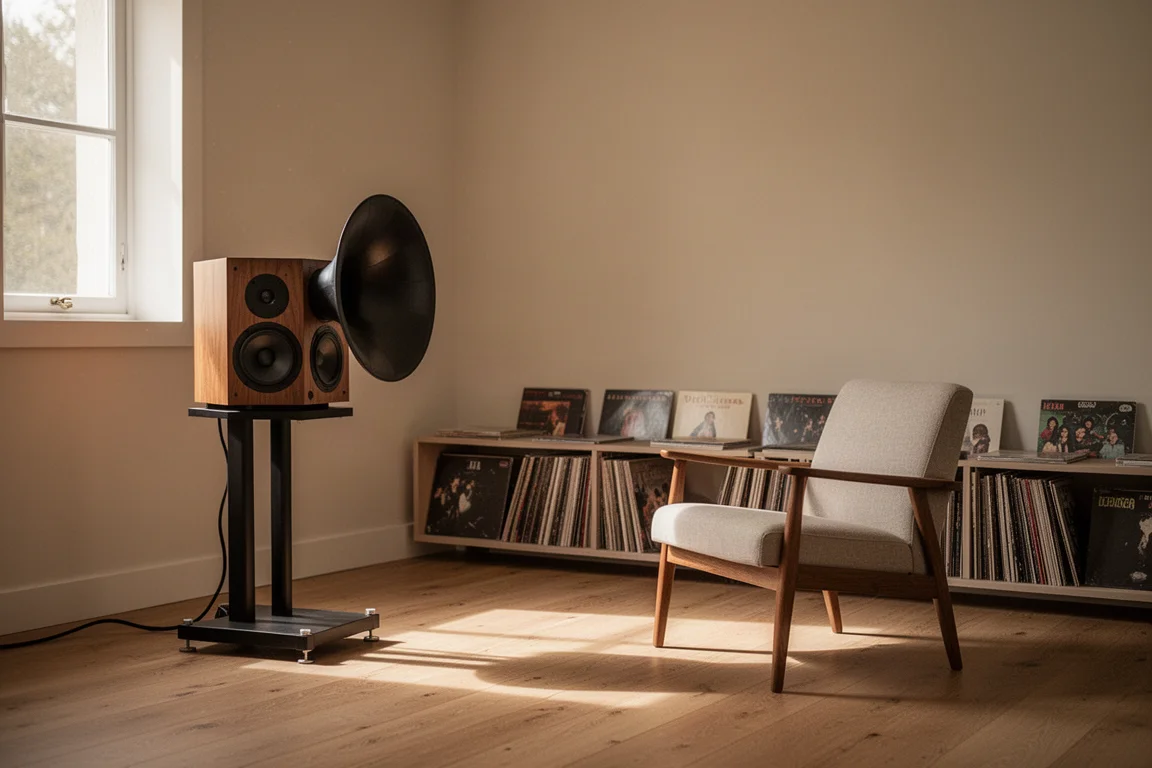 Salle d'écoute au crépuscule avec un fauteuil, une lampe et une pochette de vinyle au sol