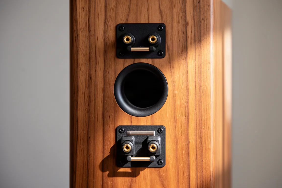 Enceinte surélevée sur un diable roulant à côté d'un petit amplificateur sur un parquet