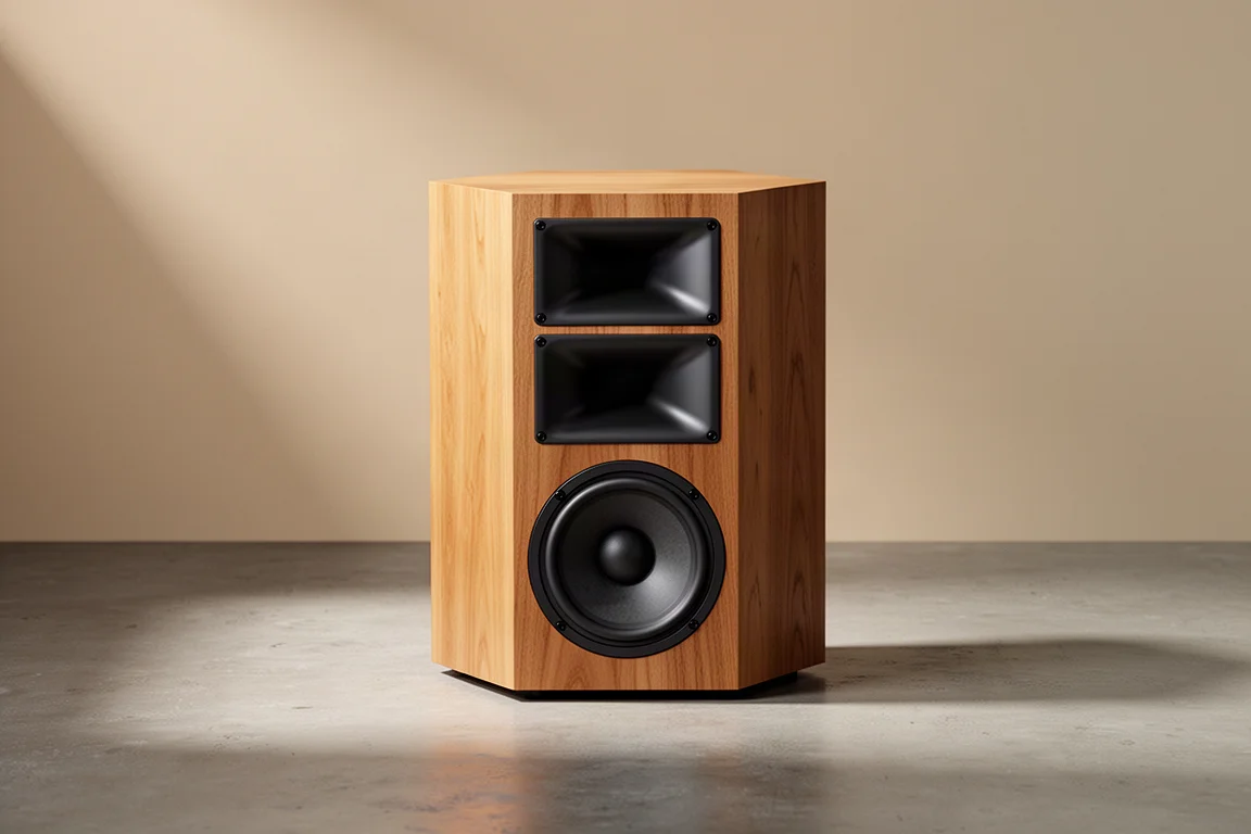 Compact wood-veneer floorstanding speaker with a tilted baffle and horn drivers