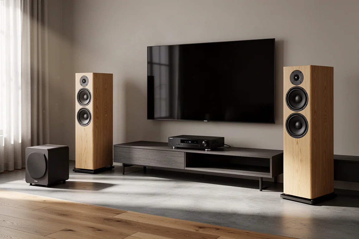 Living room home theater with oak horn speakers, a compact subwoofer, and an AV receiver