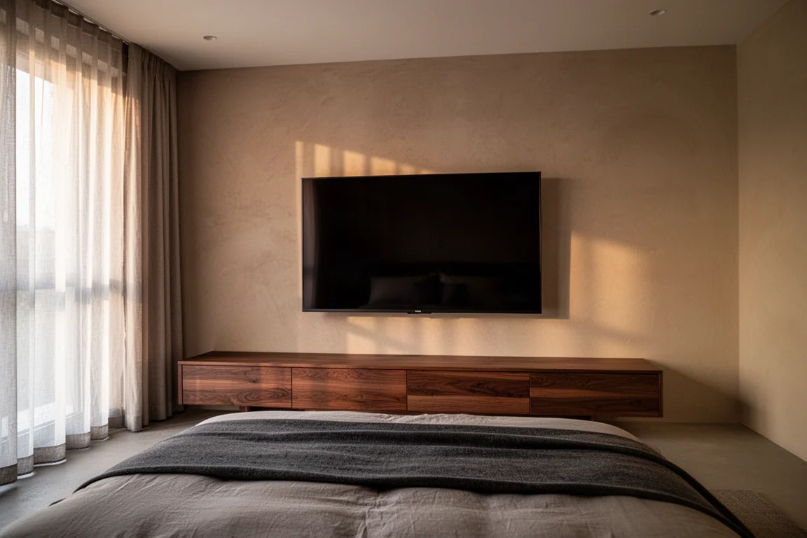 Dormitorio contemporáneo con un televisor montado en la pared y sin altavoces visibles