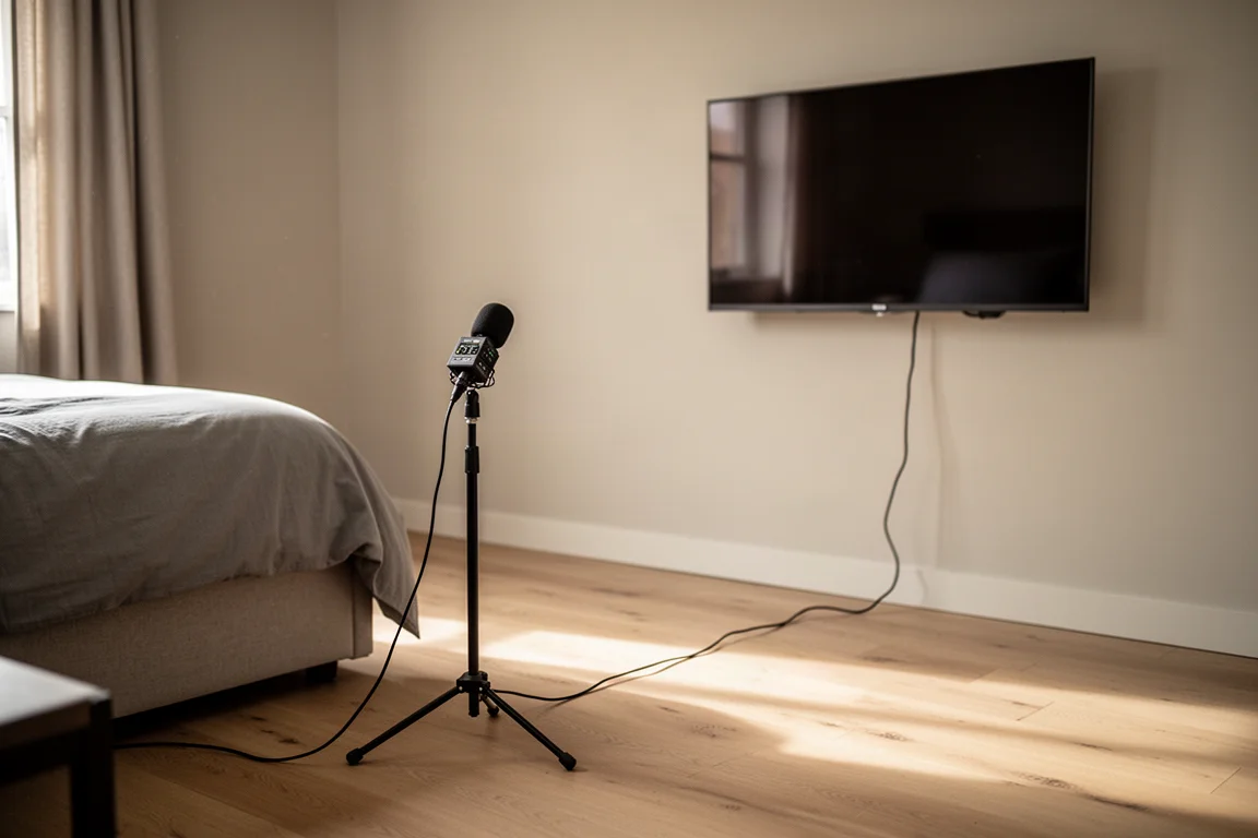 Micrófono de calibración sobre un trípode frente a un televisor montado en la pared en un dormitorio