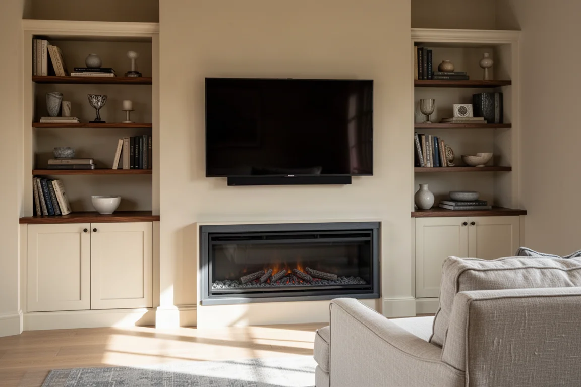 Sala de estar con chimenea, televisor encima y estanterías integradas a ambos lados